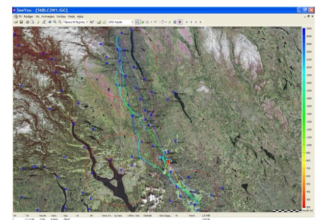 AAT-oppgave, Starmoen - Stai bru (25km) - Hamar Flyplass (25 km) - Gjess krk (15 km) - Starmoen. Minimum flytid 2:15. Bildet viser BH's flyging p 270km, 115,9 km/t som ga dagseier